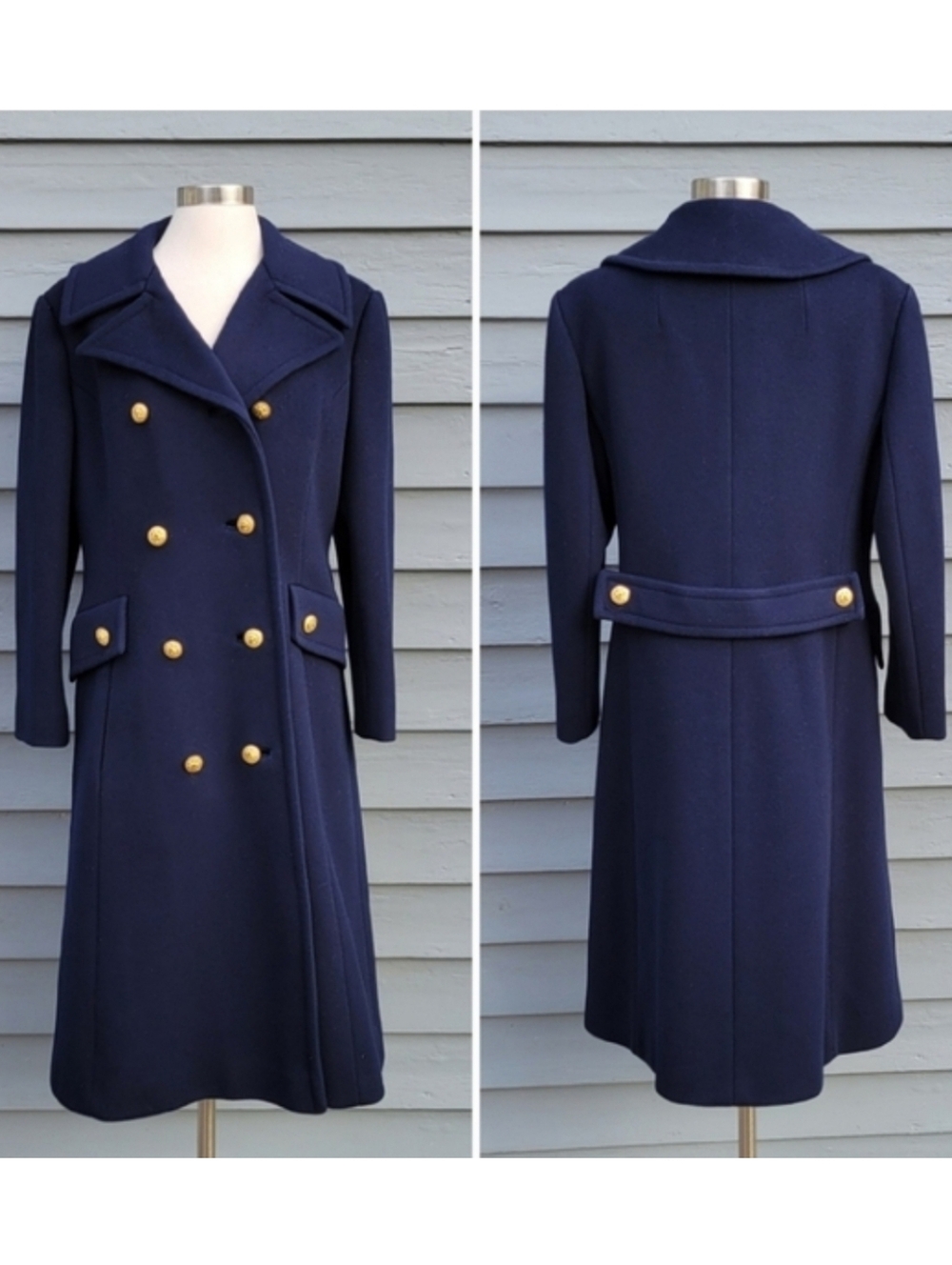 Vintage 50s Navy Blue Wool Double Breasted Greatcoat Military‎ Trench Coat